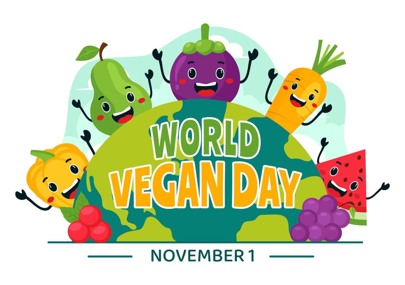 Happy Vegan Day Design with Colorful Vegetables and Fruits in a Flat Style vector