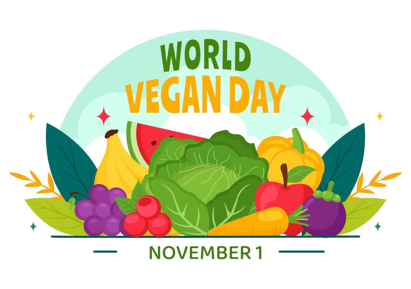 Vegan Day Celebration Illustration with Fresh Fruits and Vegetables in a Flat Cartoon Style vector