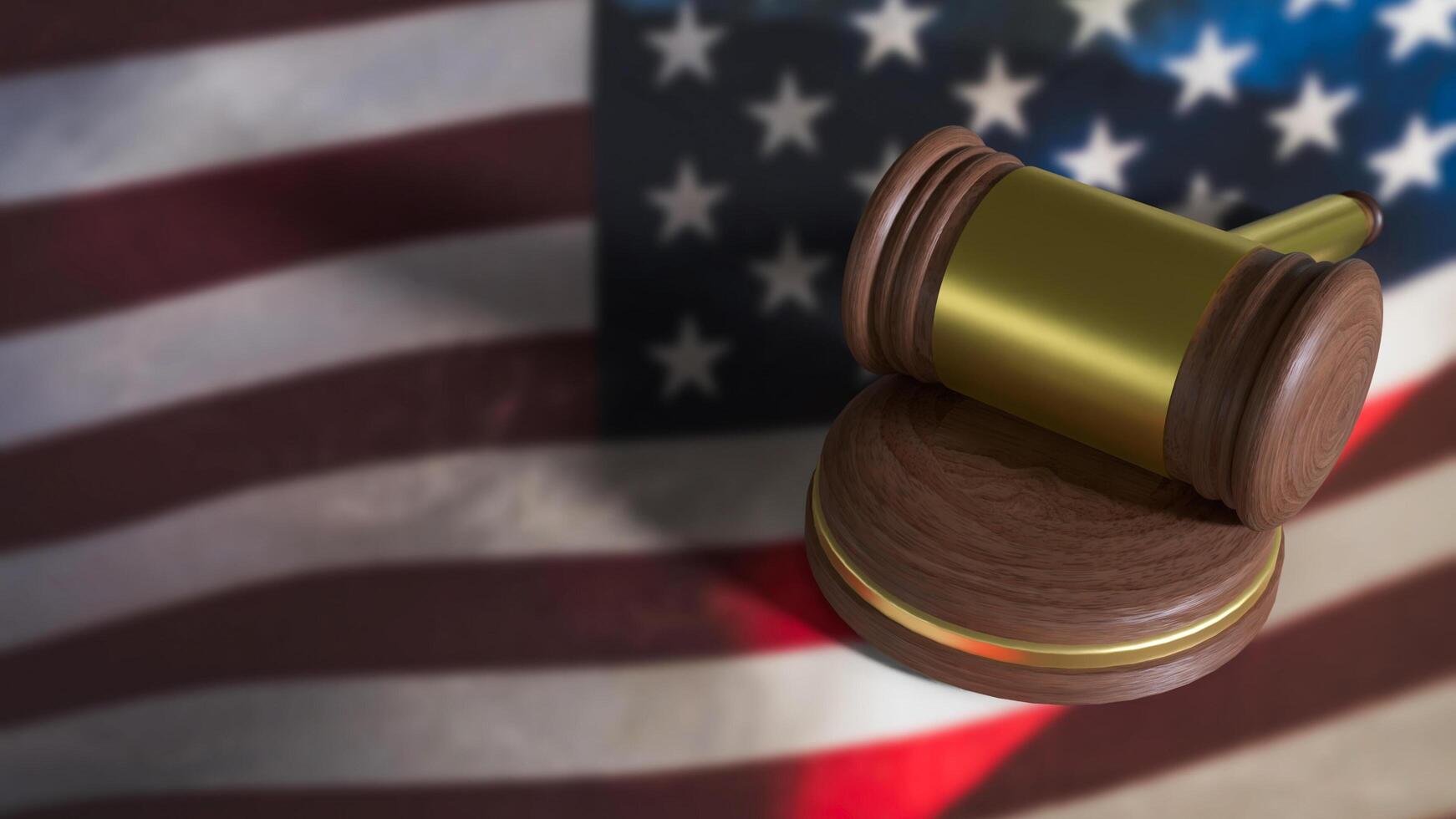 The Hammer wood law on American flag image 3d rendering. photo