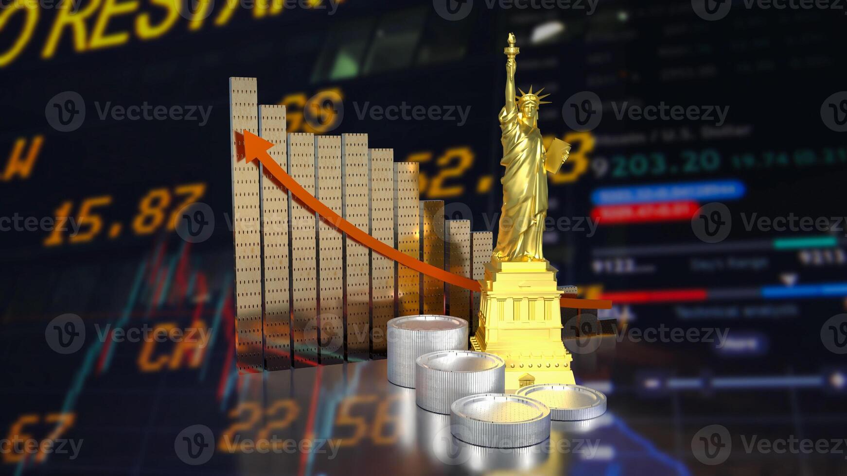 The statue of liberty and coins for business concept 3d rendering. photo