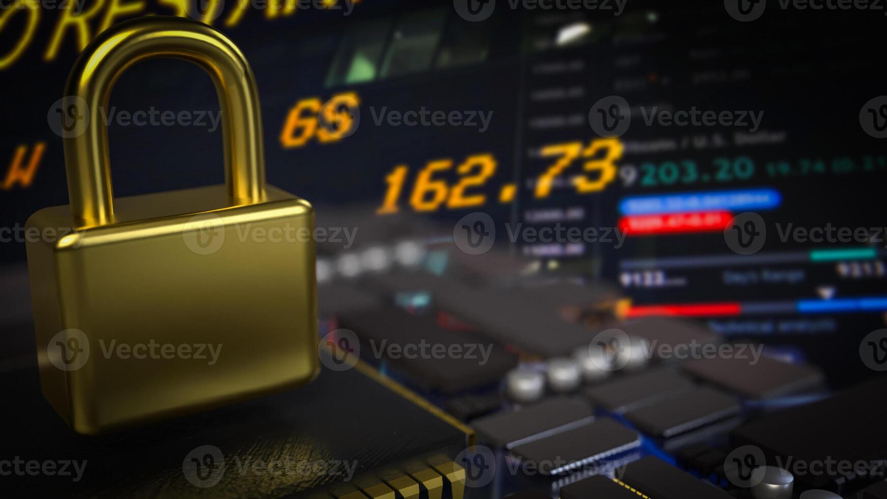 The gold lock on pcb board for Cybersecurity or technology concept 3d rendering. photo