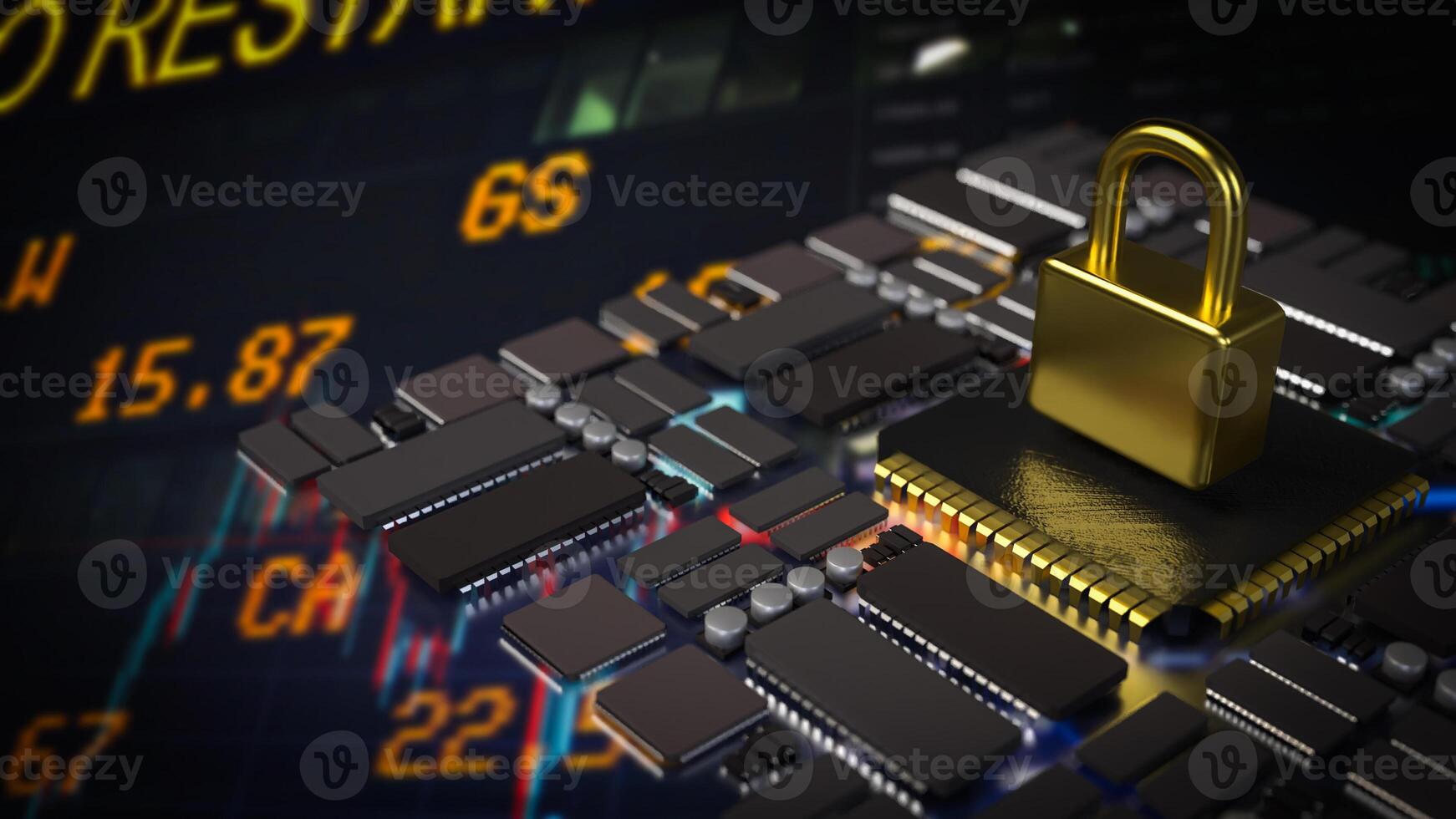 The gold lock on pcb board for Cybersecurity or technology concept 3d rendering. photo