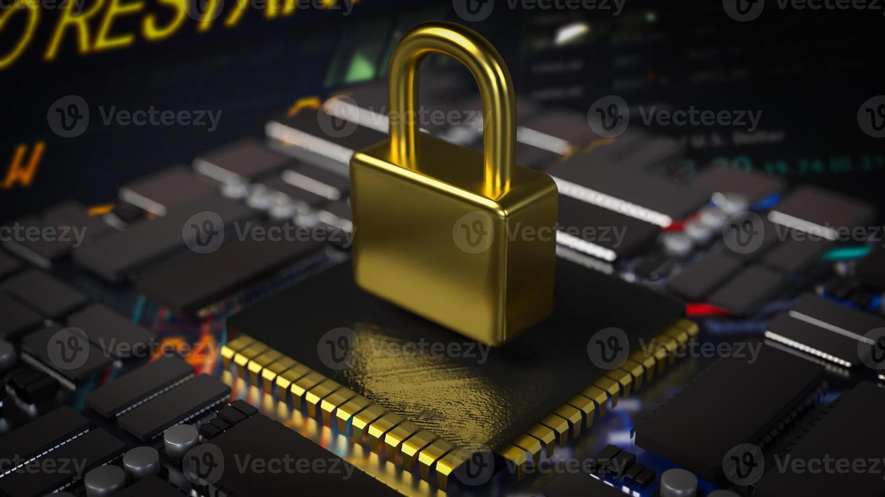 The gold lock on pcb board for Cybersecurity or technology concept 3d rendering. photo