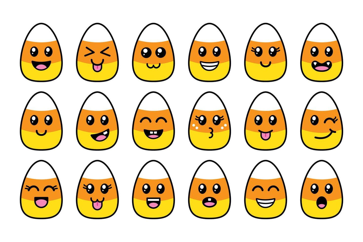 Candy Corn Clip Art Set, Cute Halloween Graphics, Emoji Faces, Kawaii Expressions, Orange White Yellow vector