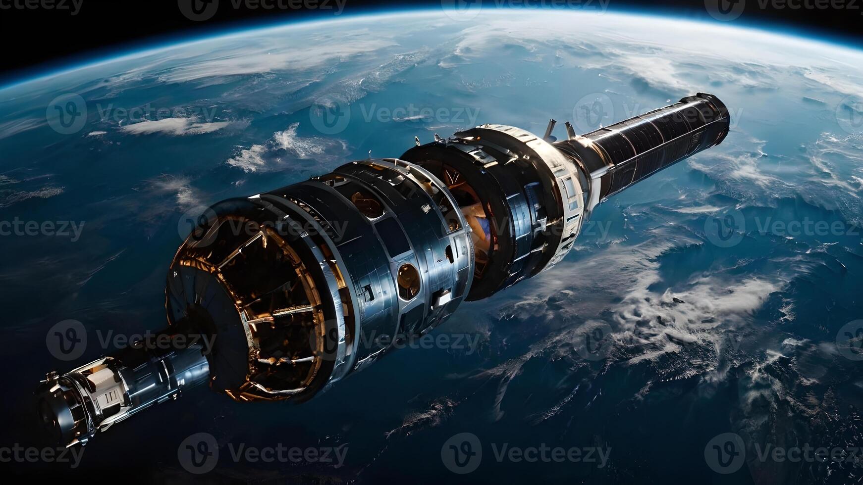 Cargo Spaceship Orbiting Earth In Dark Space photo