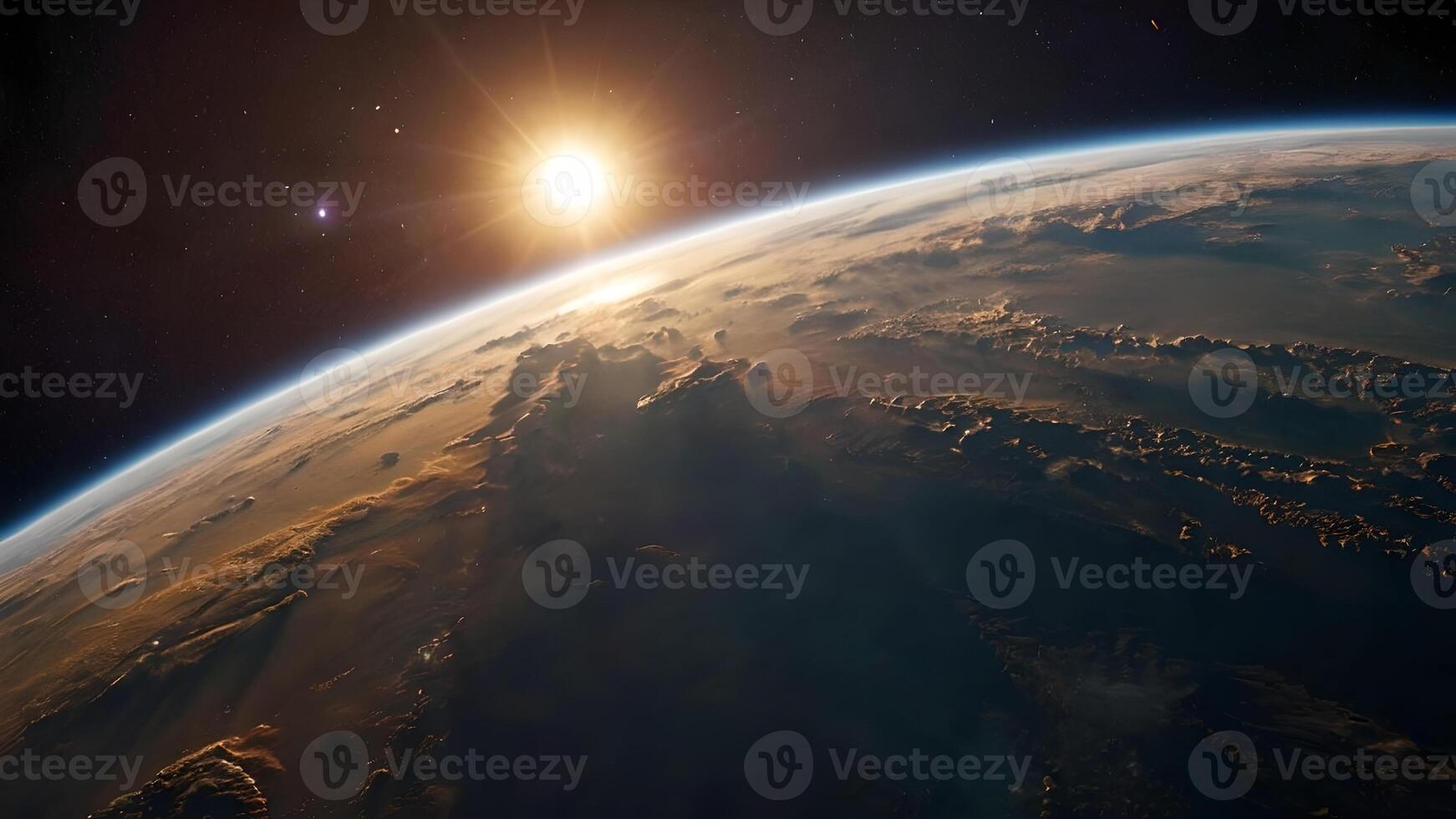Earth From Space With Sunrise And Clouds photo