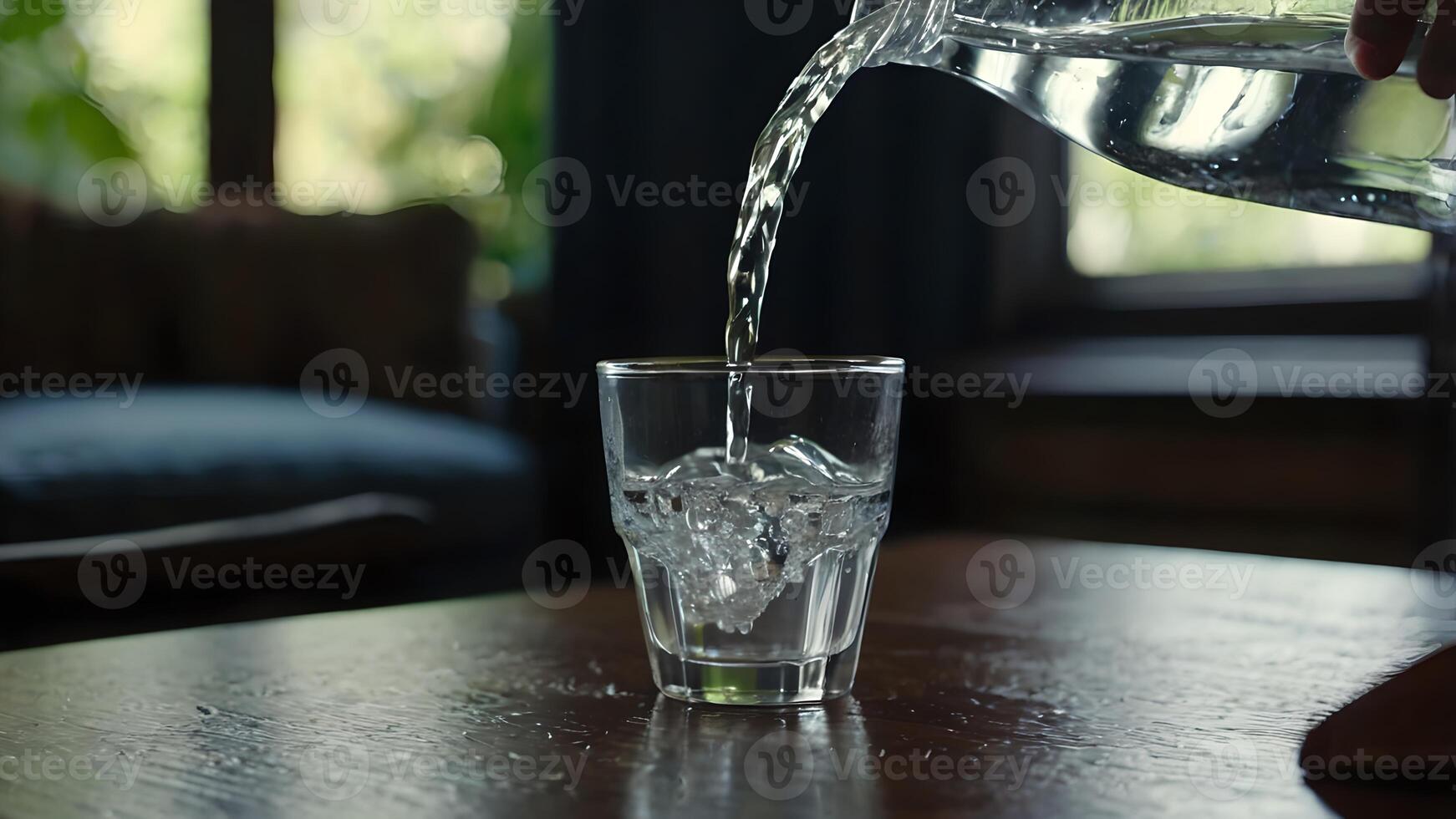 Pouring Purified Water into a Glass on Wooden Table in Living Room photo