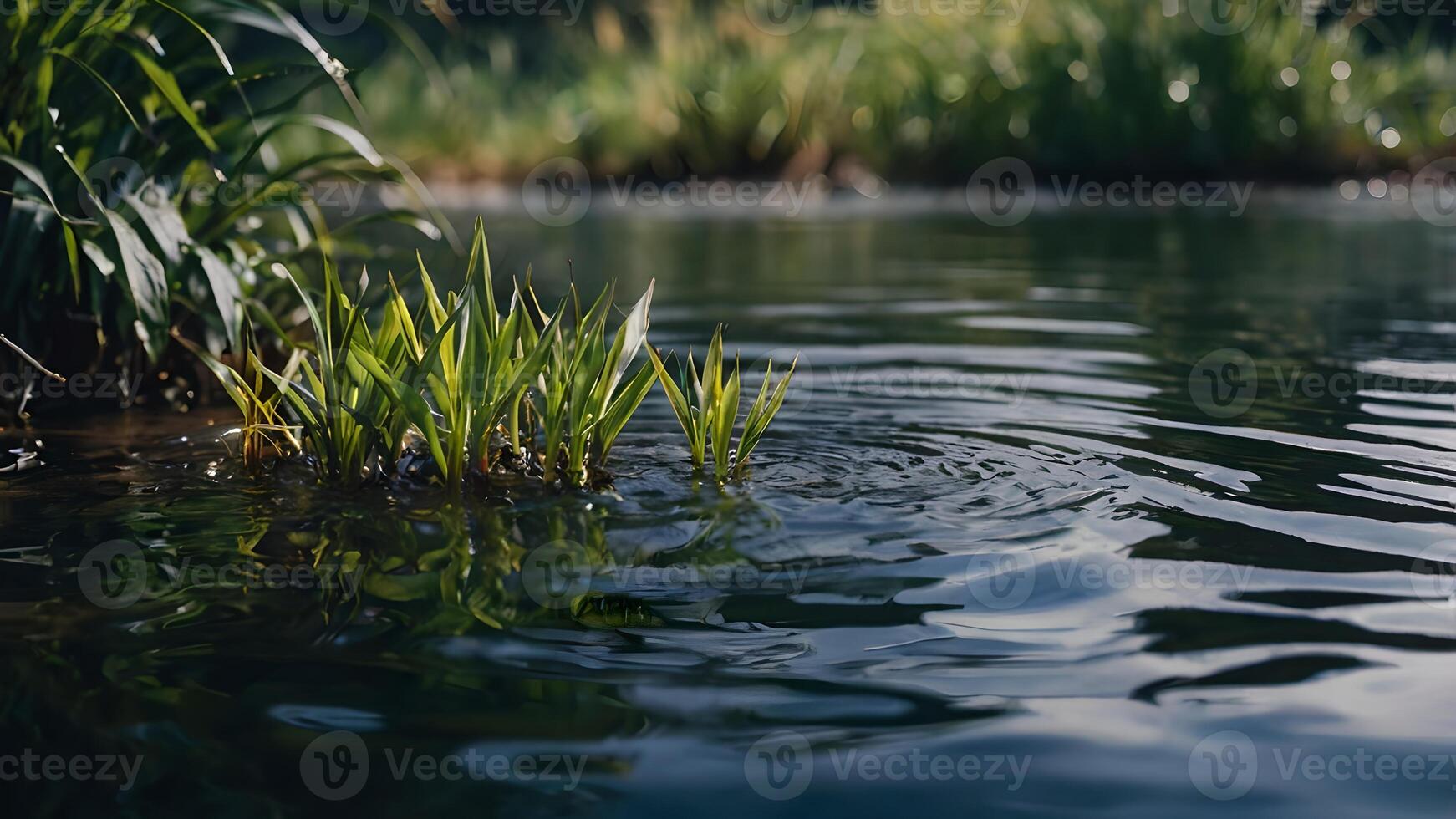Tranquil Reflections of Nature Green Plants in a Calm Water Body photo