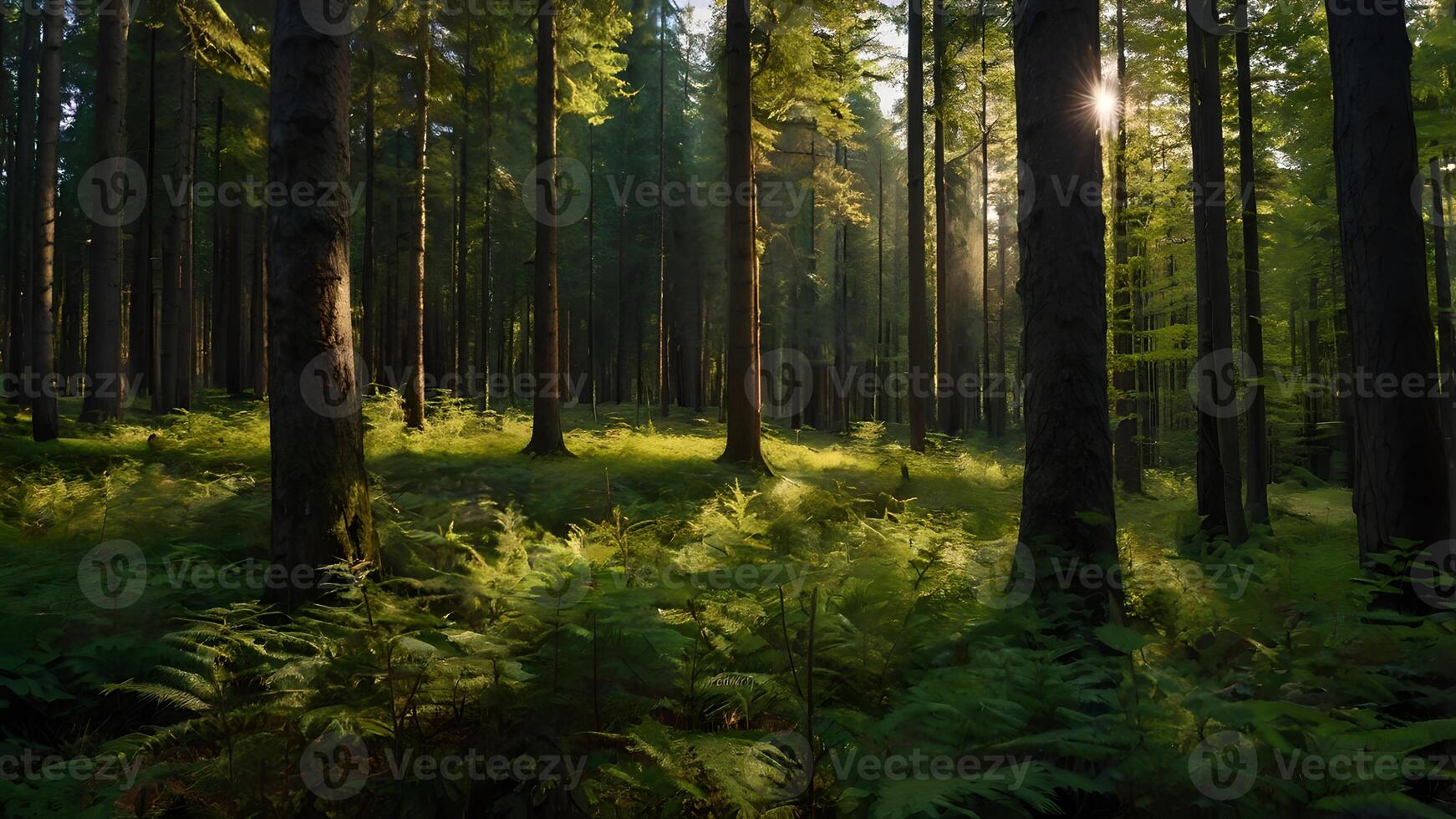 Sunlight Streaming Through Lush Summer Forest photo