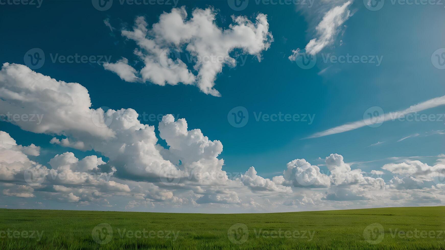 Expansive Green Field Under a Blue Sky with Puffy White Clouds photo