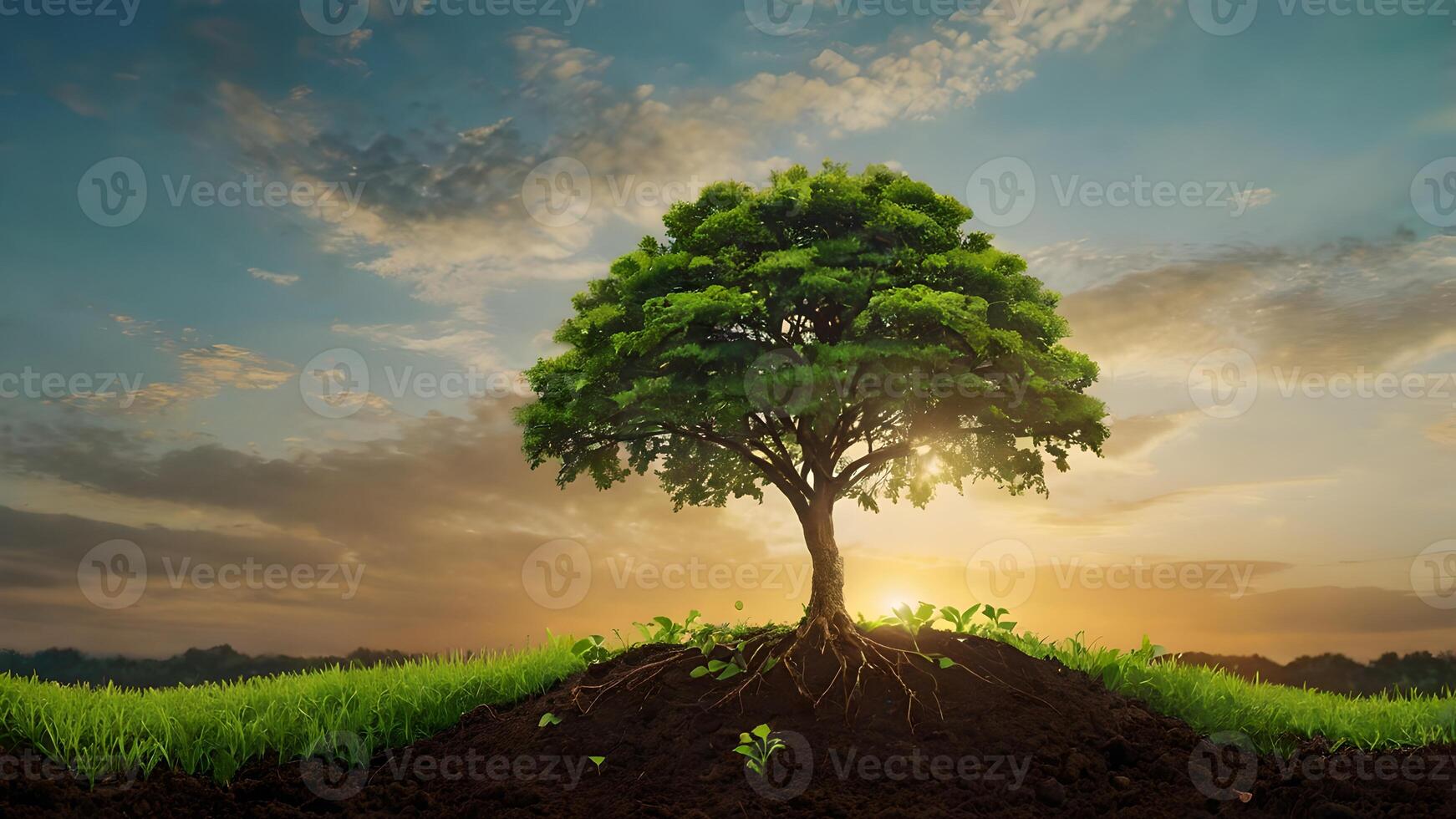 Sunrise Over a Small Tree Growing in a Lush Green Field photo