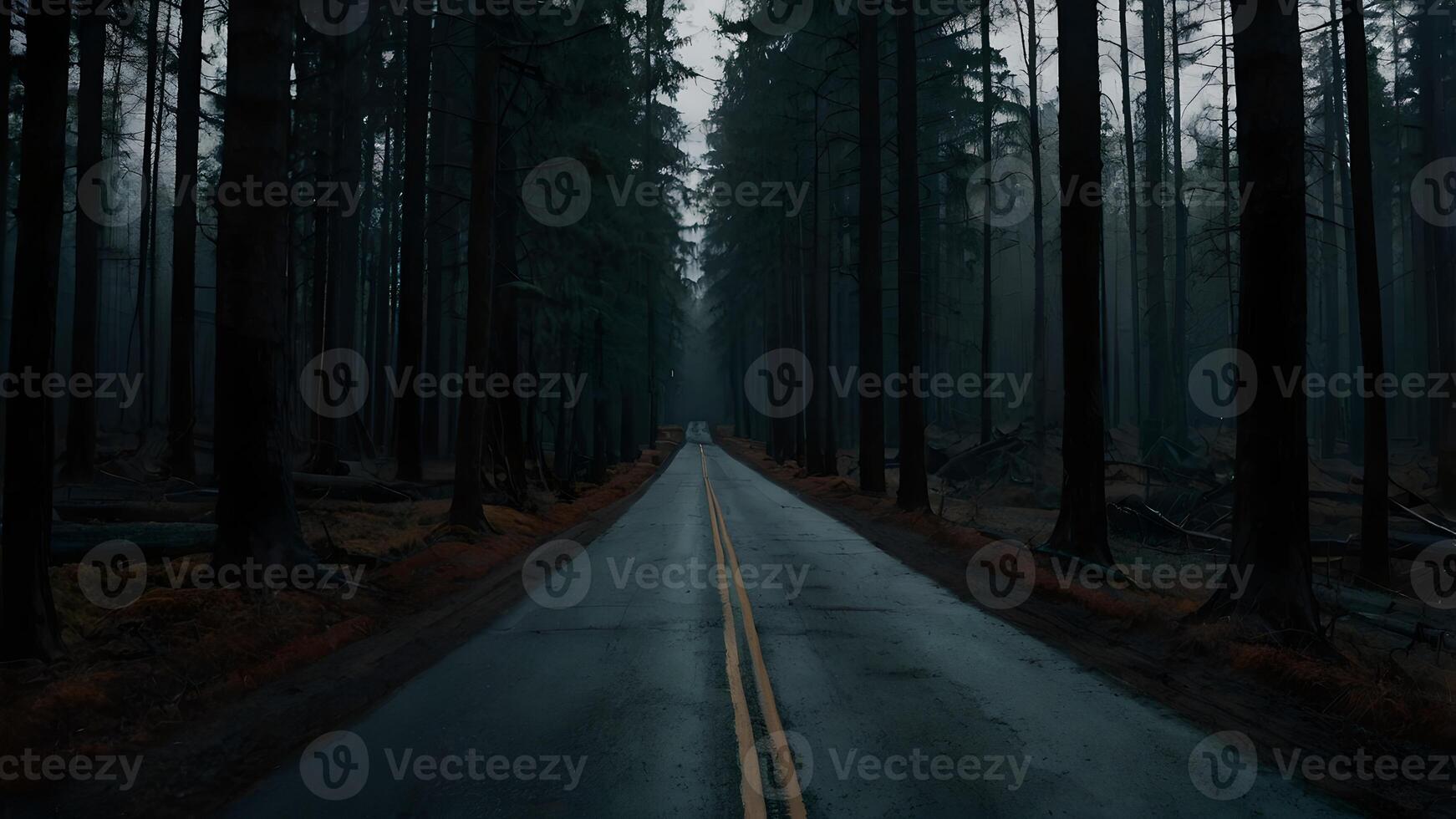 A Lonely Road Through a Dark and Mysterious Forest photo