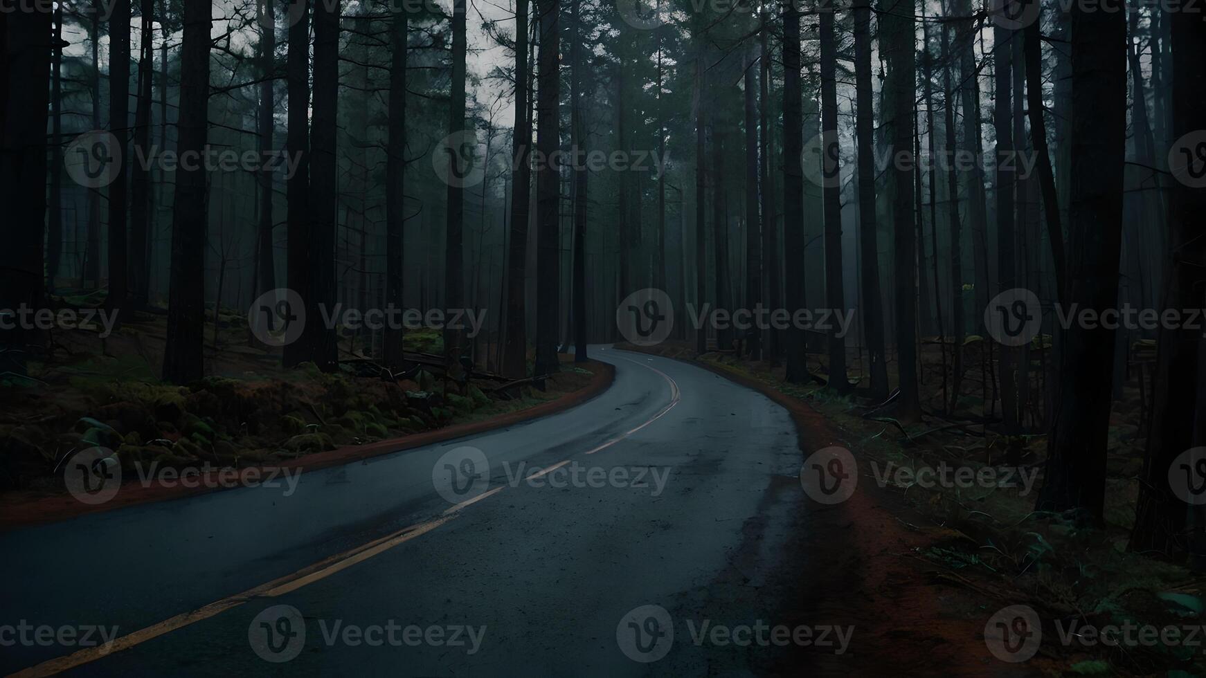 Dark Forest Road Winding Through Foggy Trees photo