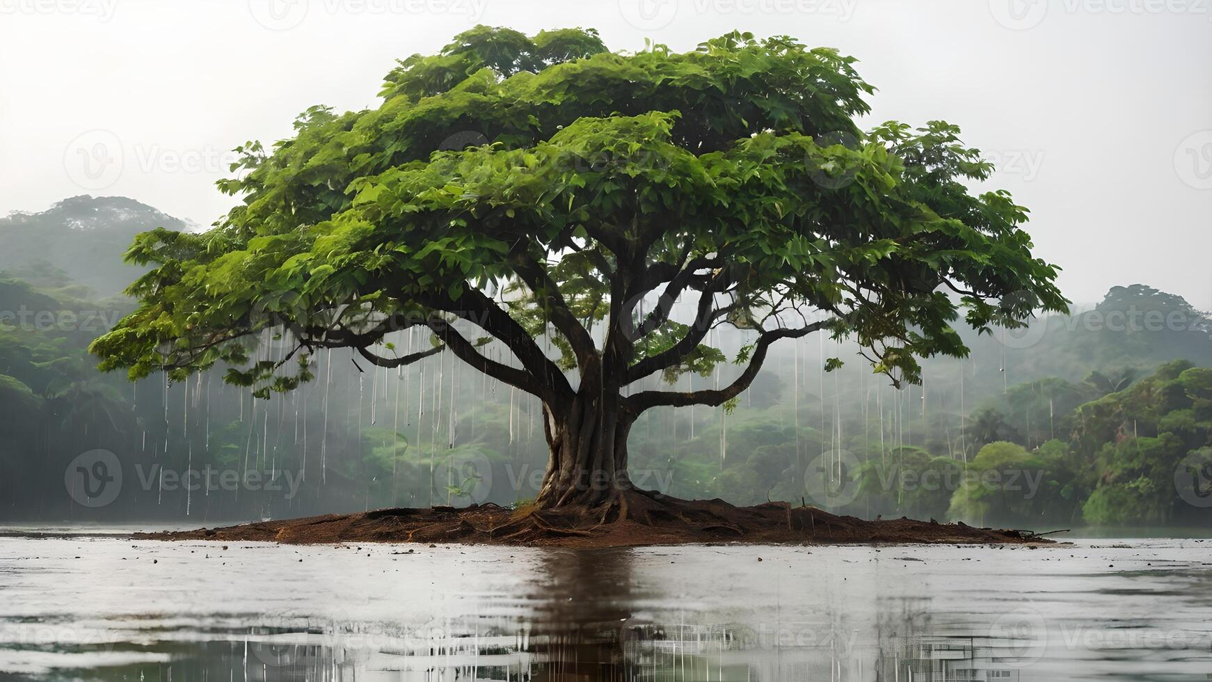 Majestic Rain Tree Standing Alone in a Misty Landscape photo