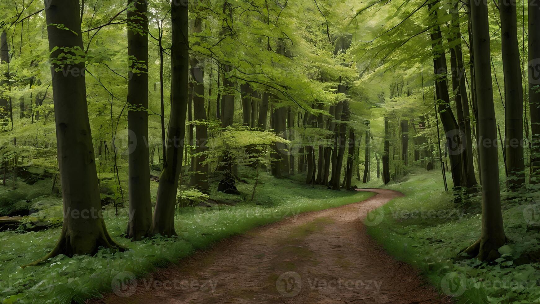 Springtime Walkway Through a Lush Beech Forest in Leuven, Belgium photo