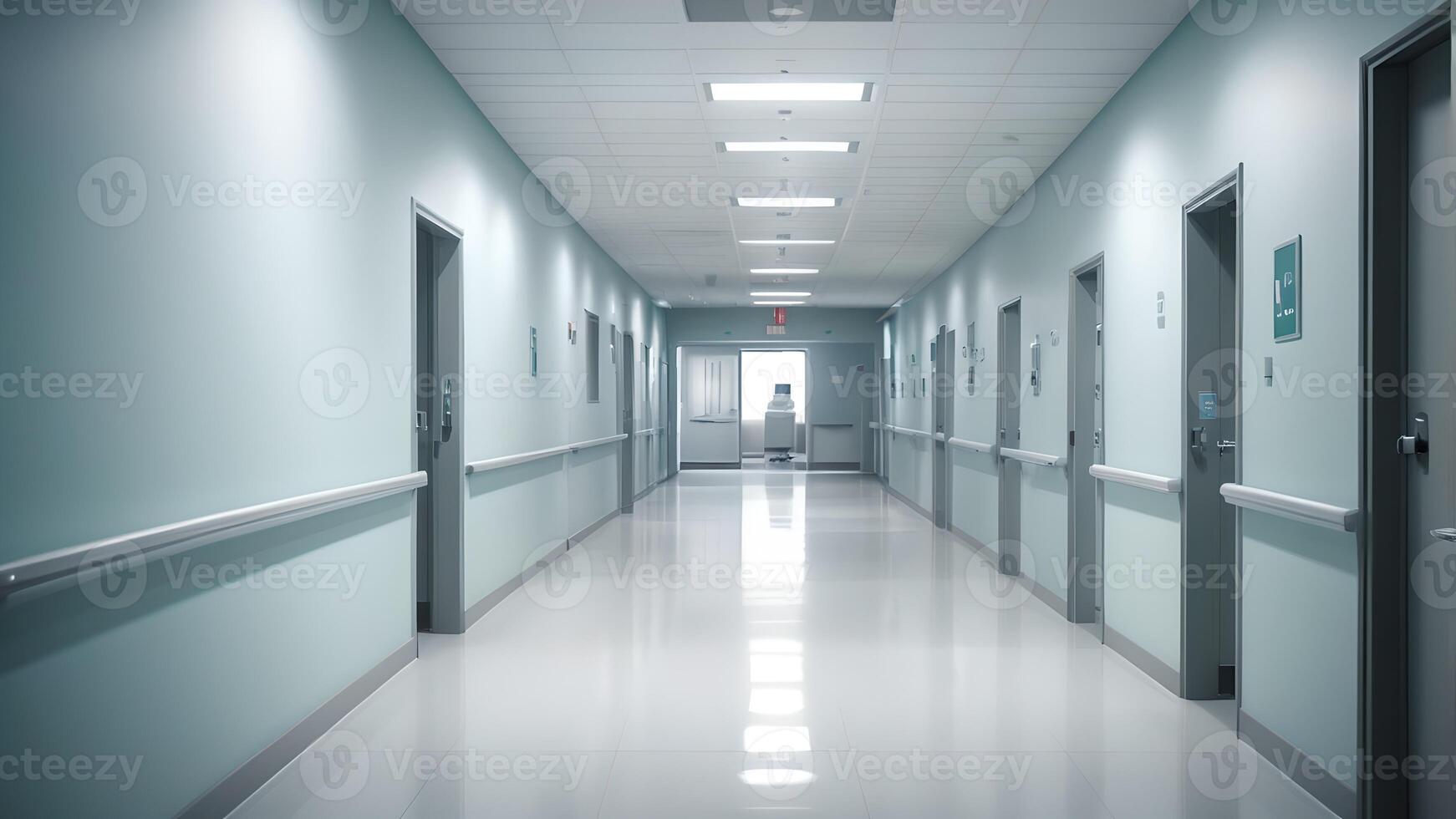 Empty Hospital Corridor with Sterile White Walls and Doors photo