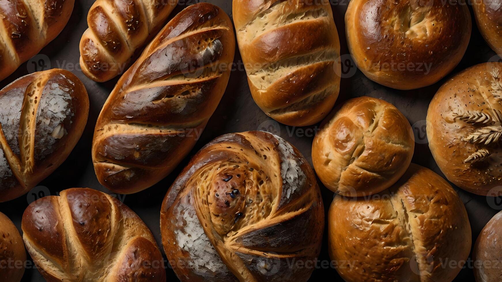 Closeup of Various Freshly Baked Bread Loaves on a Rustic Tabletop photo