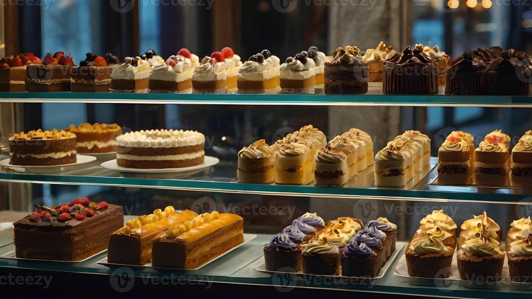 A Showcase of Delicious Cakes in a Pastry Shop photo