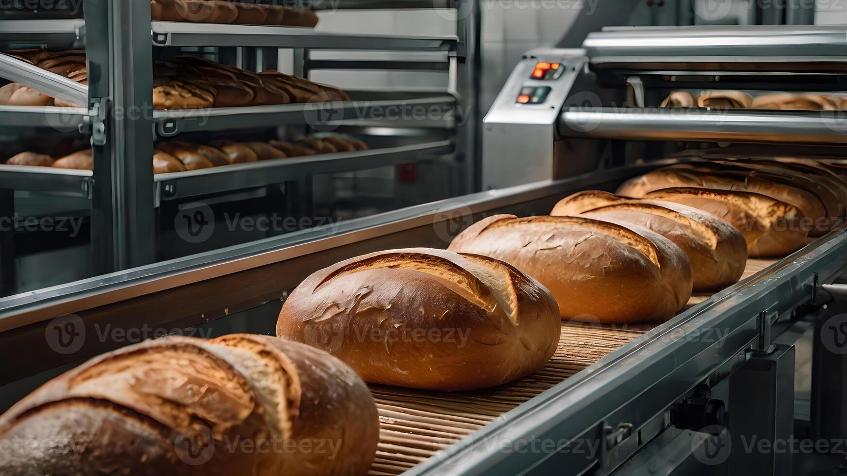 Freshly Baked Loaves of Bread Moving on a Conveyor Belt in a Bakery photo