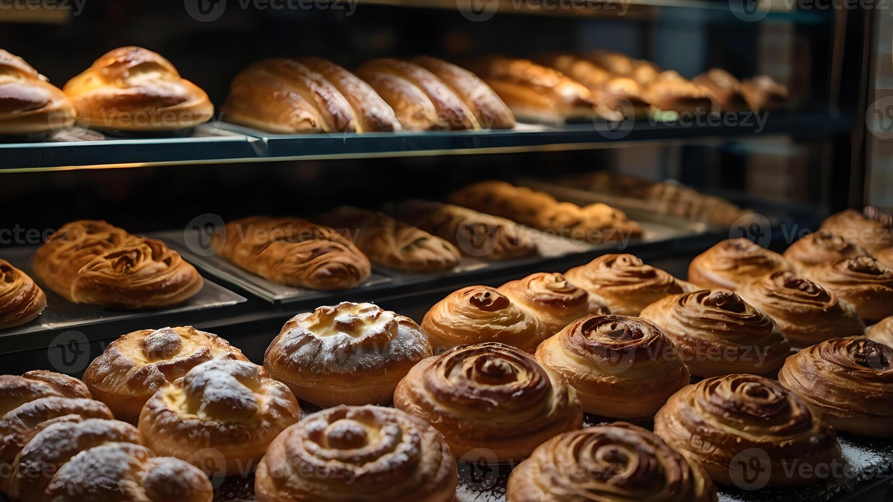 Delicious Freshly Baked Pastry Goods on Display in Bakery Shop photo