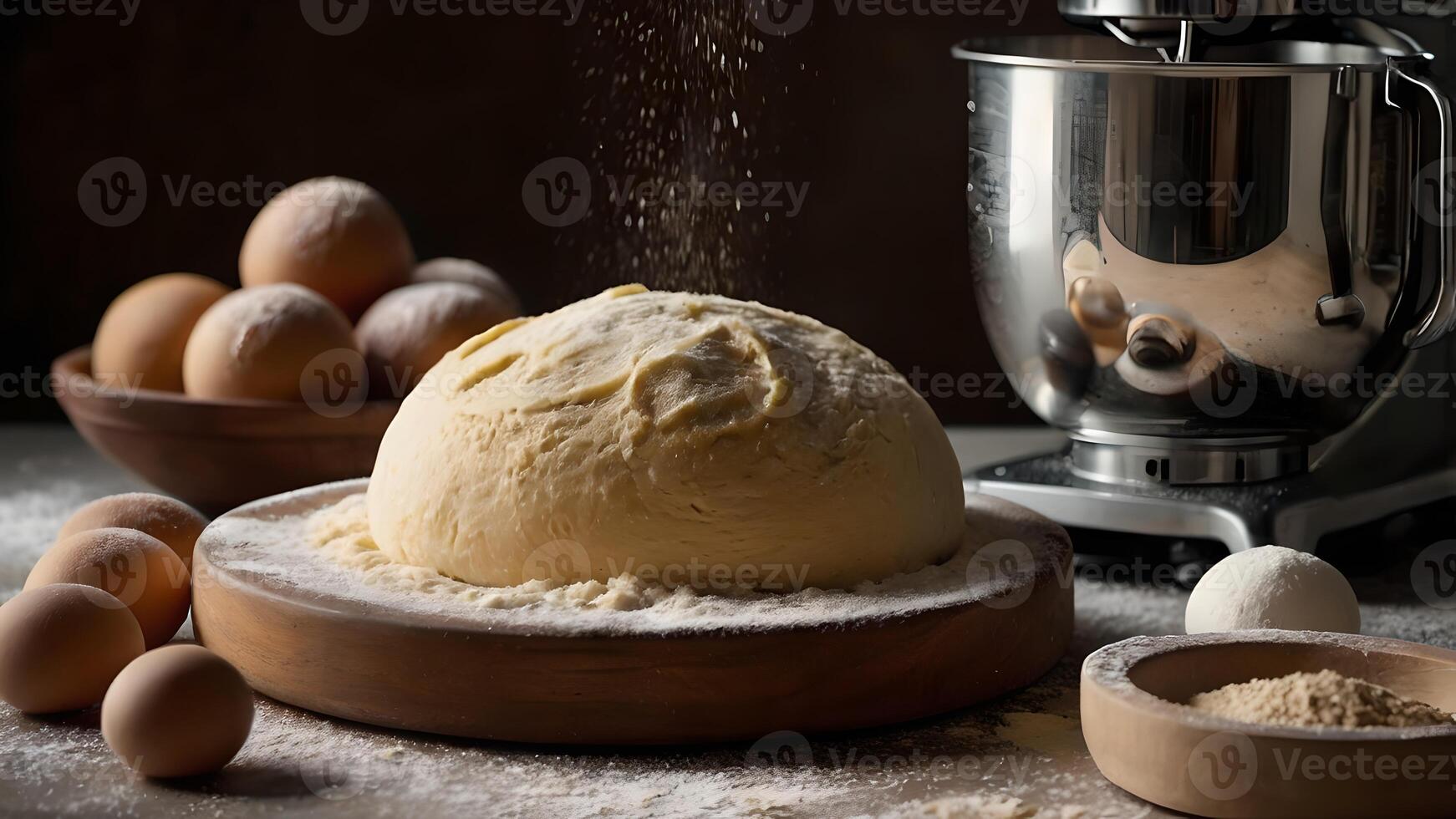 Fresh Dough Ready for Baking on a Floured Surface with a Mixer in Background photo