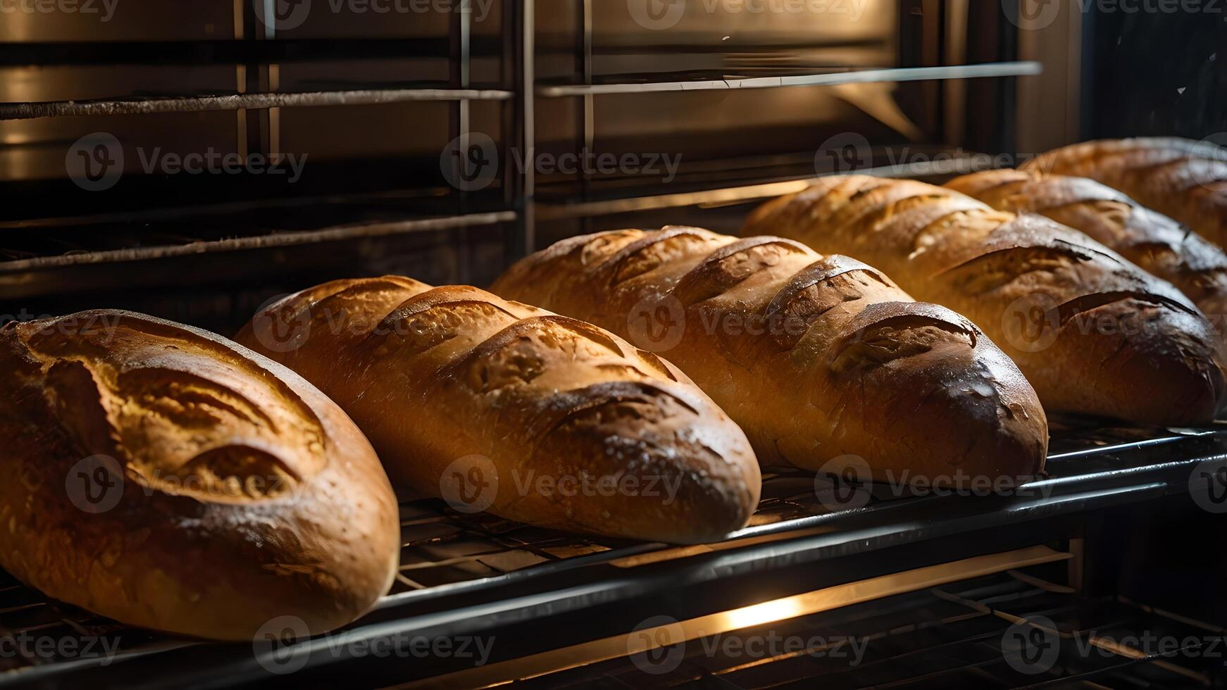 Freshly Baked Breads Coming Out of the Oven at a Bakery photo