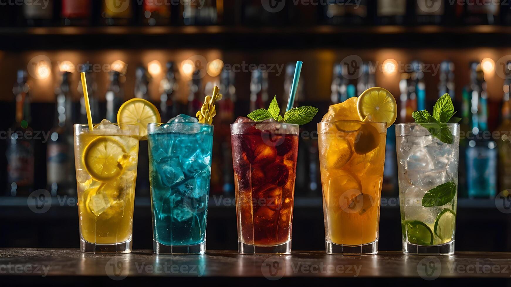 Assortment of refreshing chilled summer drinks in various glasses on wooden table photo