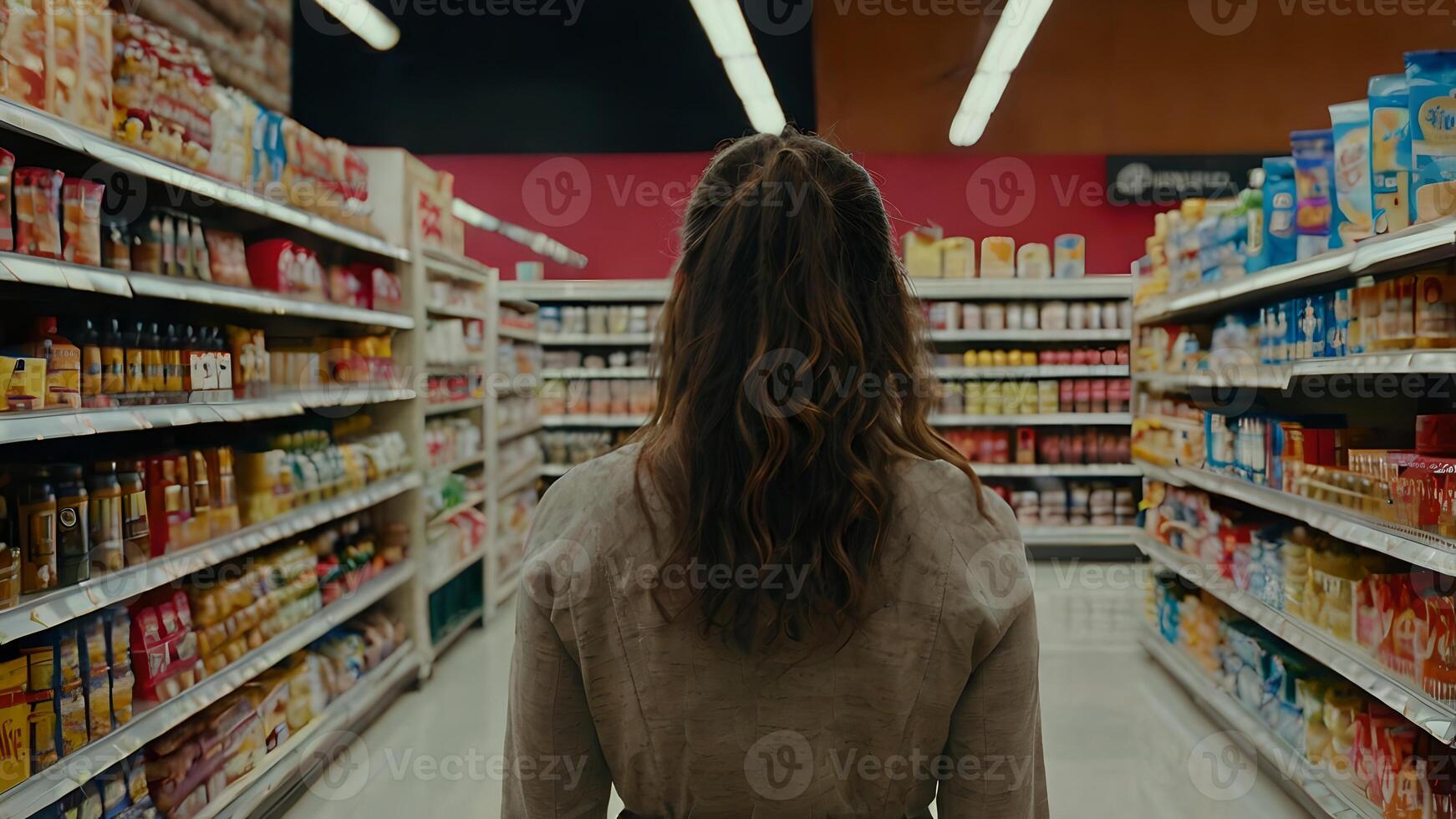 Woman Contemplating Choices In A Grocery Store Aisle photo