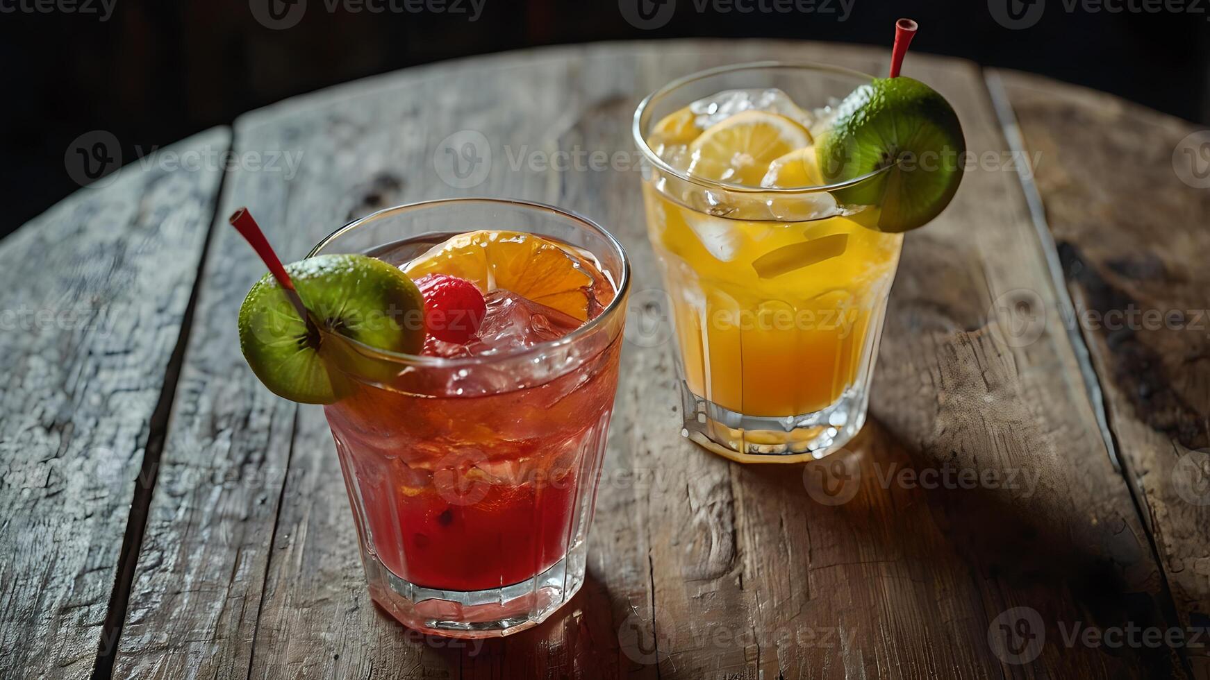 Close Up of Refreshing Cocktails with Fruit Garnishes on Wooden Table photo