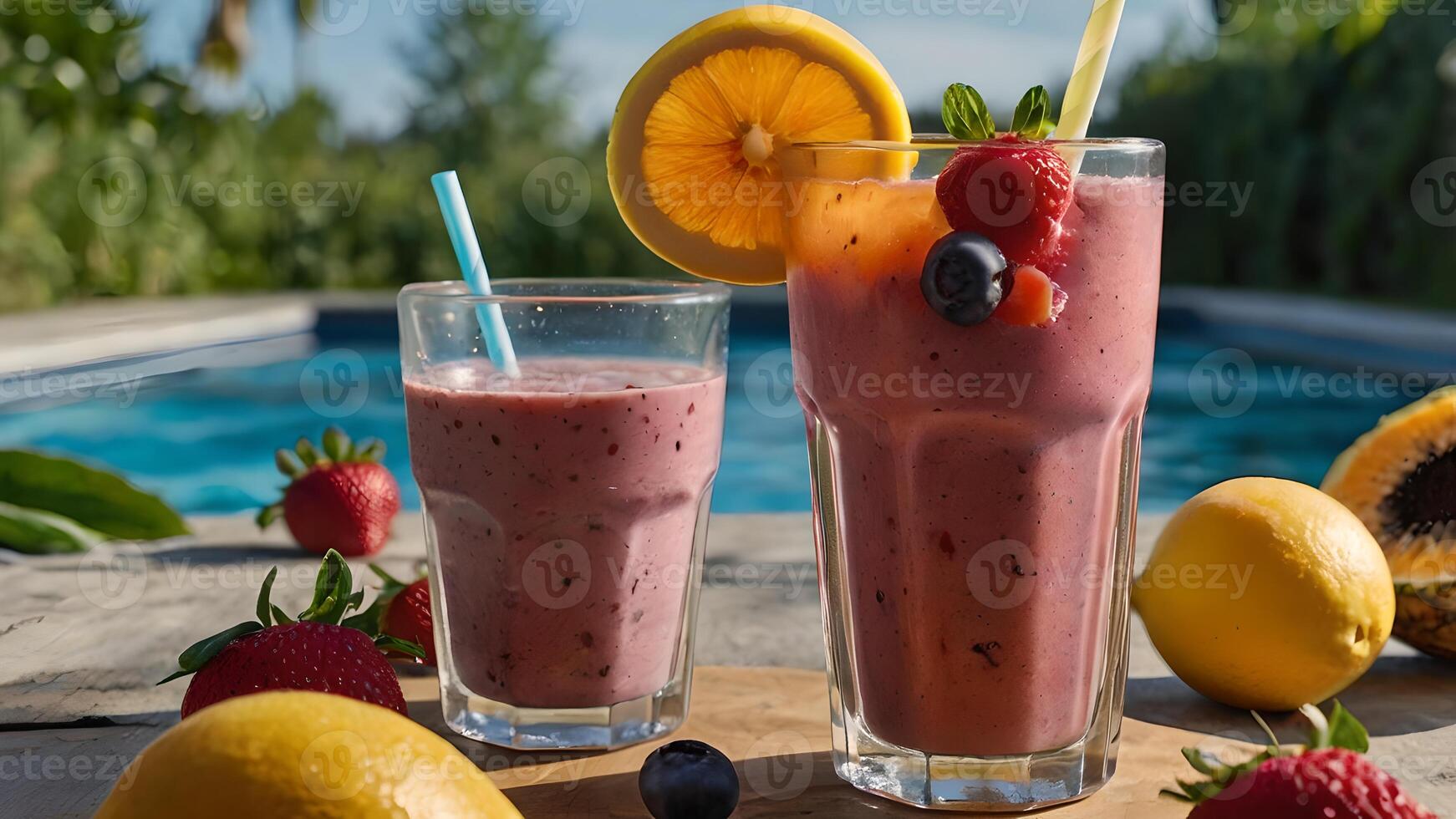 Fruit Smoothies by the Pool on a Summer Day photo