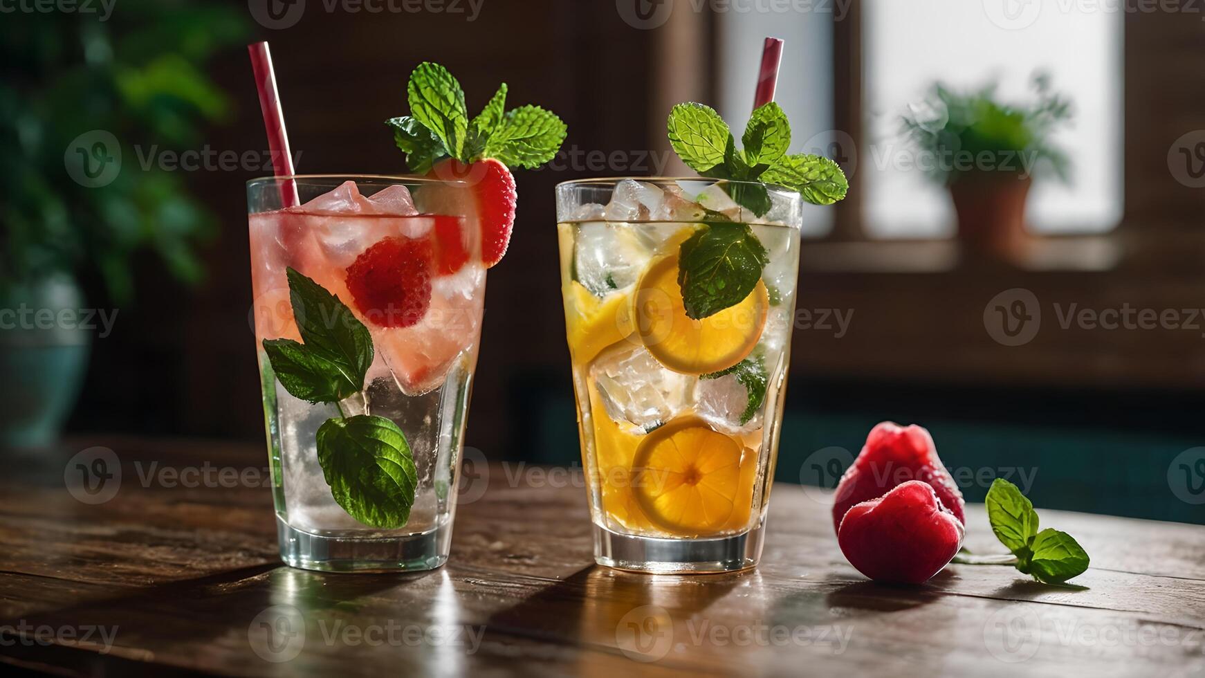Refreshing Summer Drinks with Ice Fruits and Mint photo
