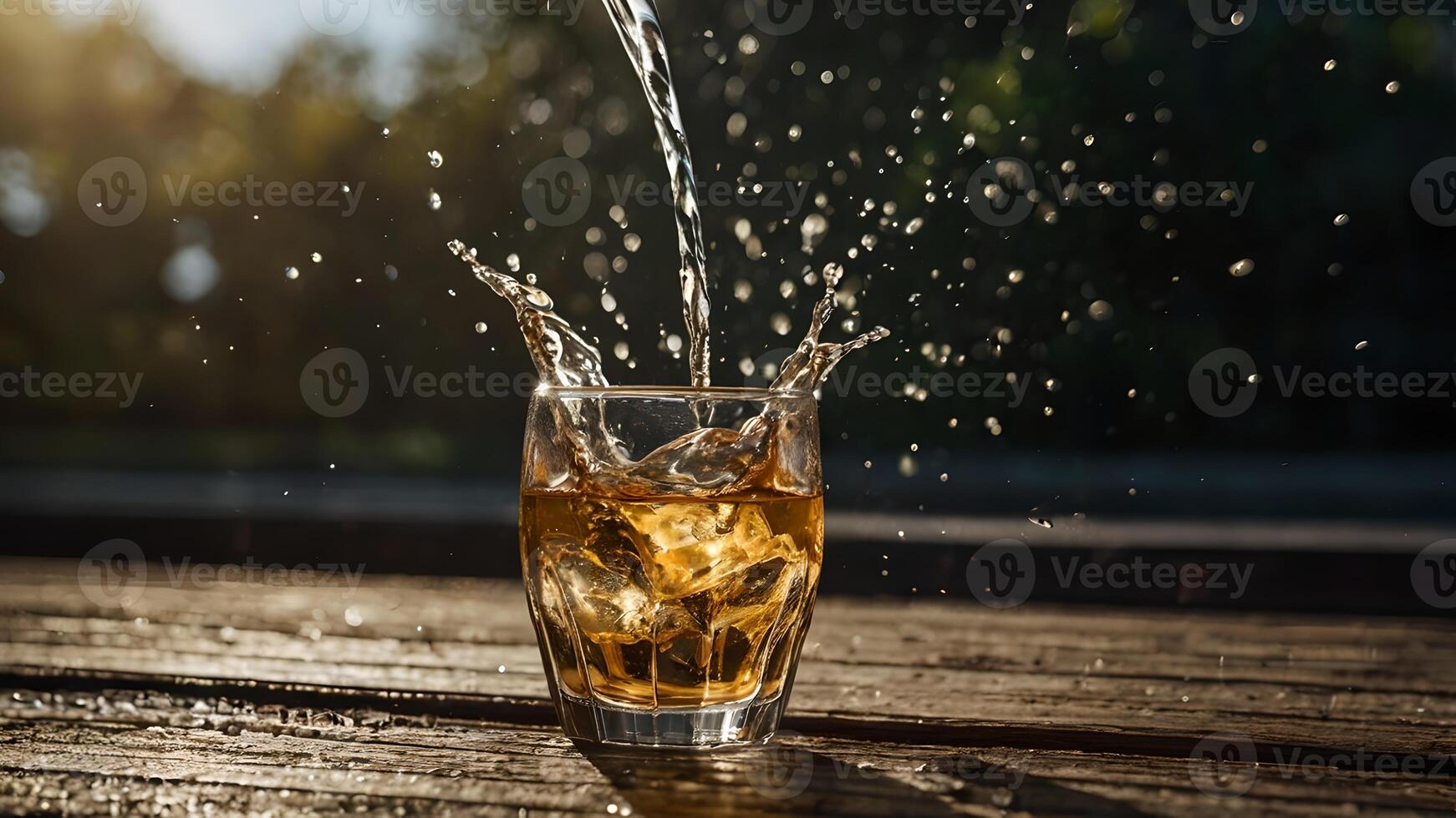 Splashing Beverages in Two Glasses on Wooden Surface photo