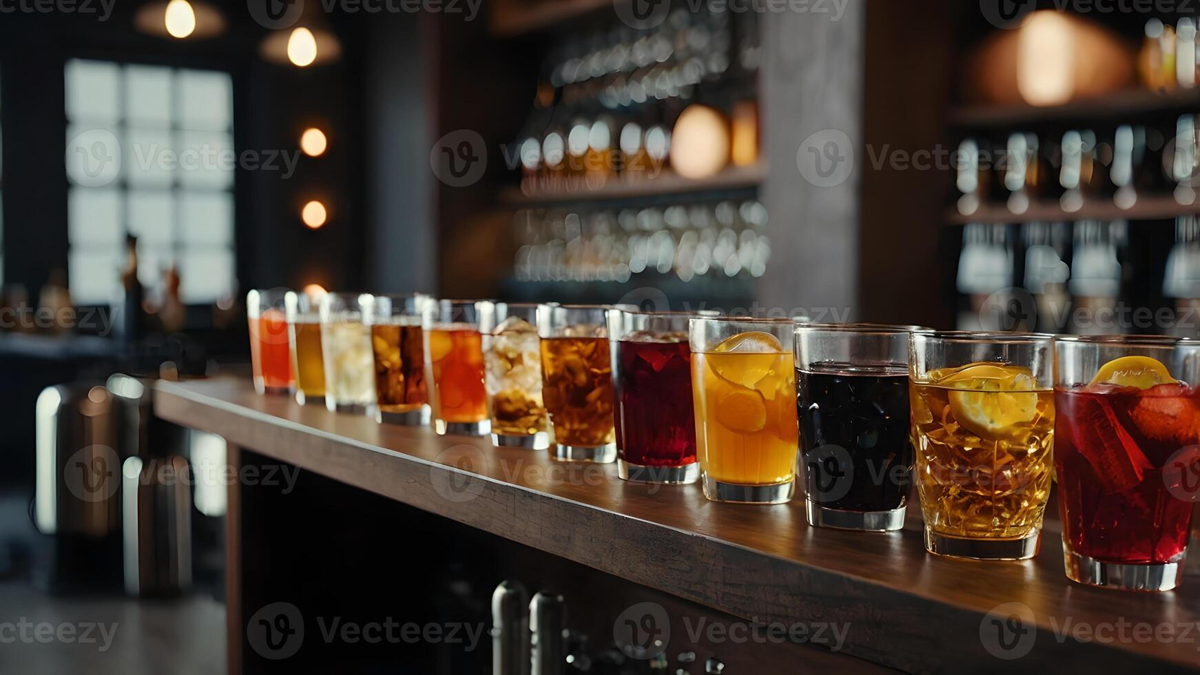 Variety of Drinks in Glasses on a Bar Counter photo