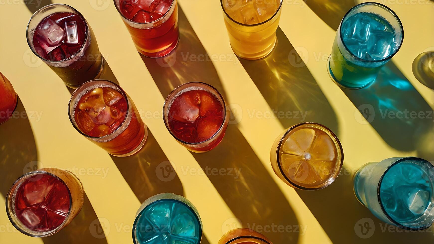 Colorful Summer Drinks Collection on Bright Yellow Surface Casting Refreshing Shadows photo