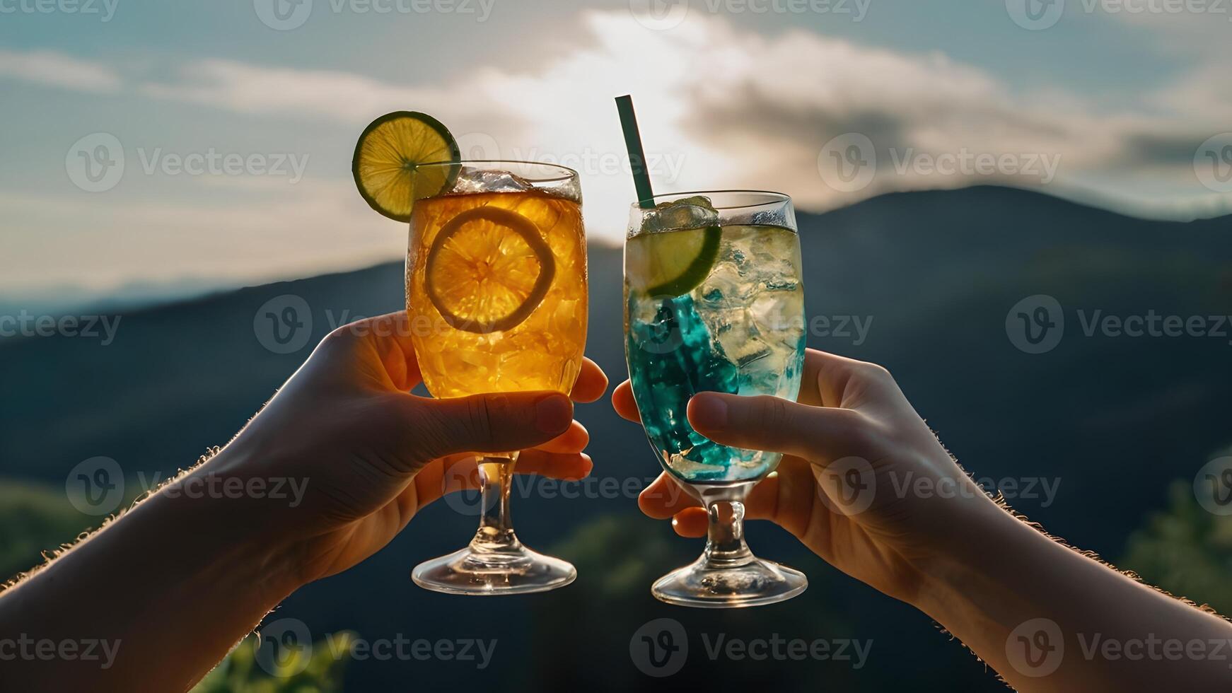 Two Hands Holding Drinks with Sunset Background photo