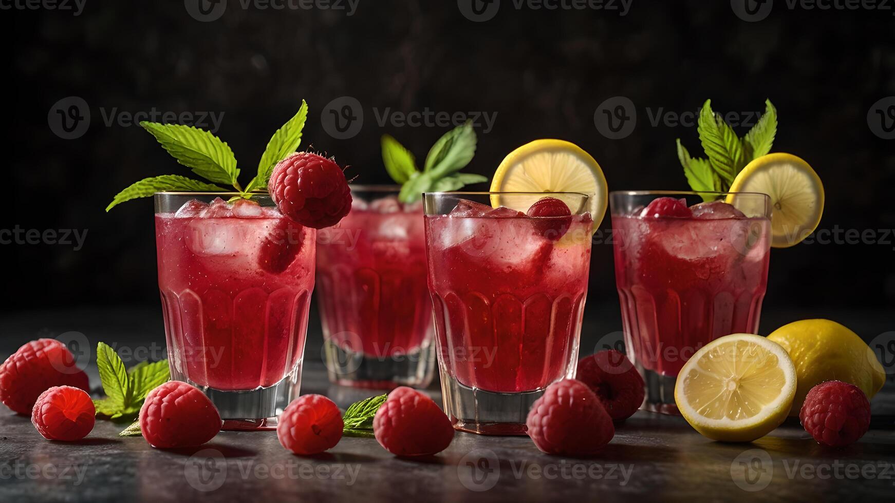 Refreshing Raspberry Lemonade Drinks with Lemon Slices and Fresh Raspberries photo