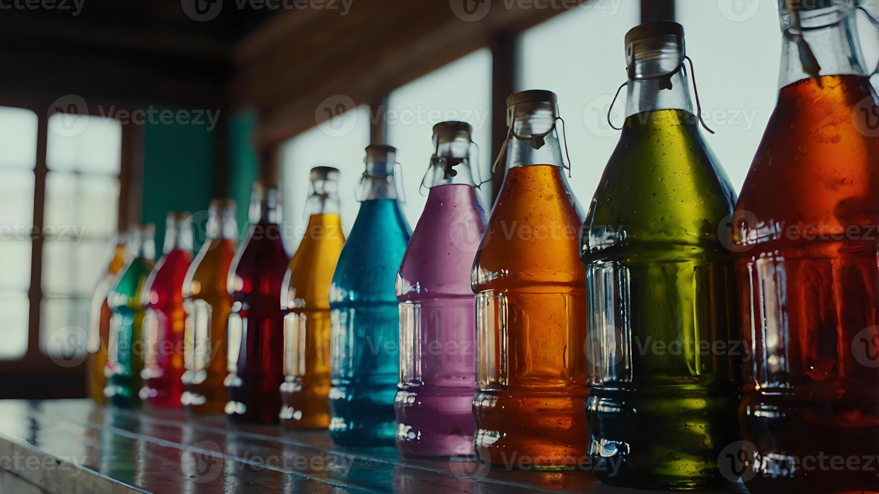 Colorful Glass Bottles of Beverage in Row on Wooden Table Near Window photo