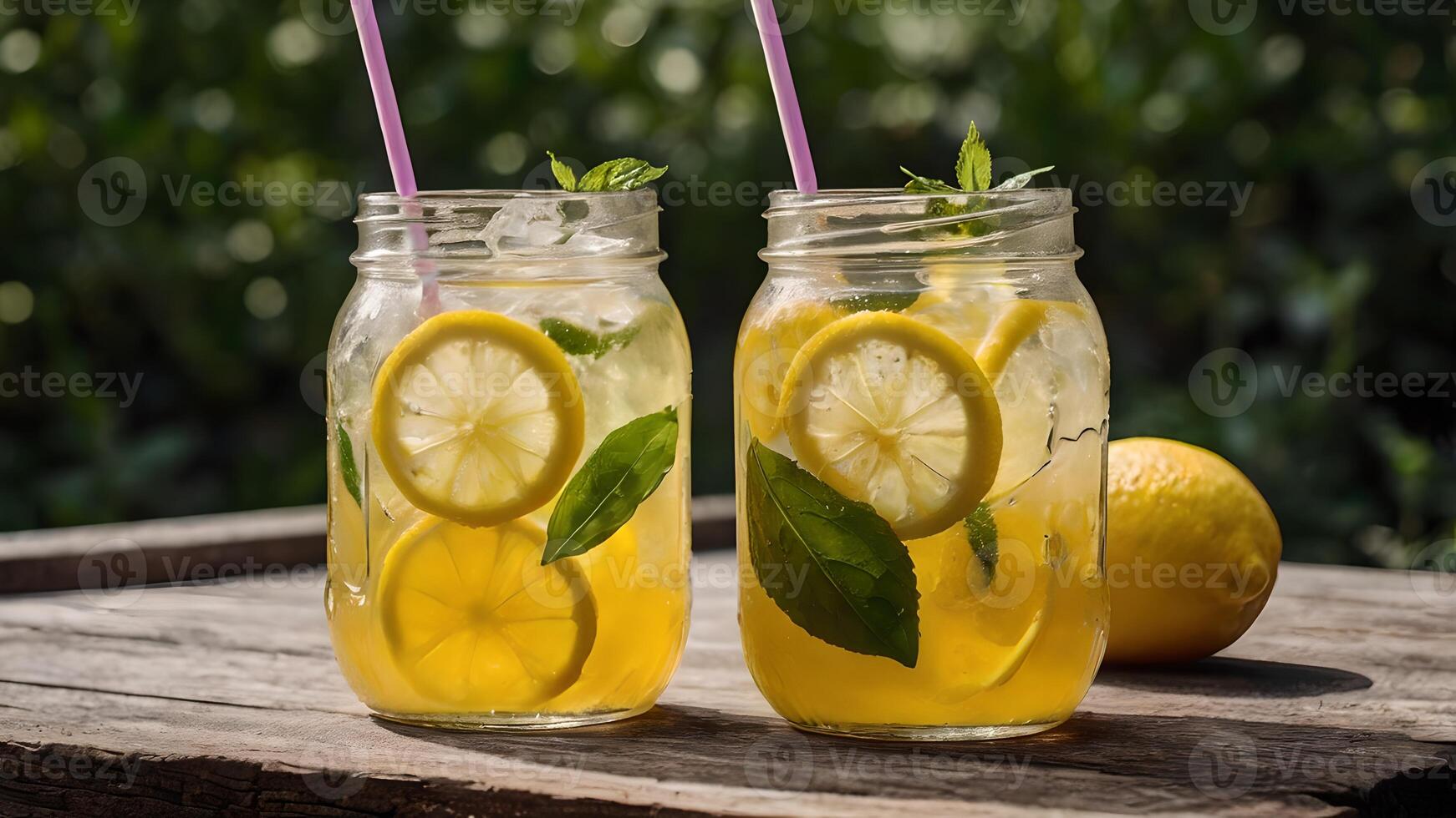 Refreshing Iced Lemonade in Mason Jars on a Rustic Wooden Table photo