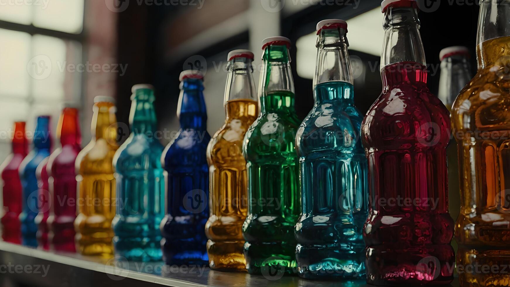 A Row of Colorful Glass Bottles Filled with Refreshing Beverages photo