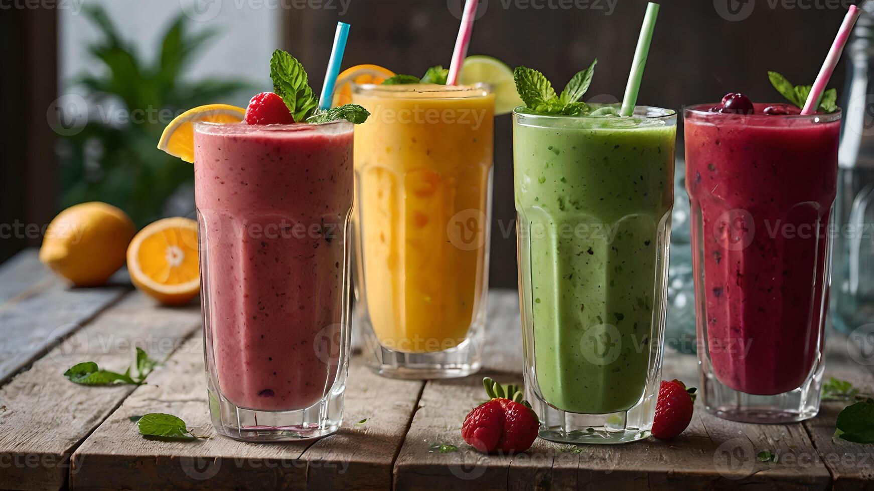 Four Colorful Smoothies with Straws Ready to Quench Thirst photo