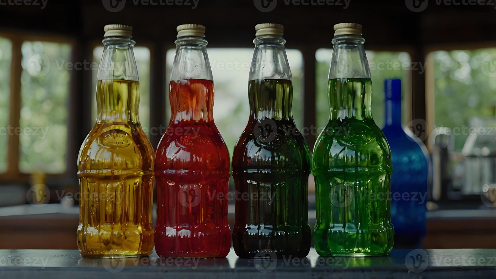 Four Colorful Beverage Bottles On A Countertop photo