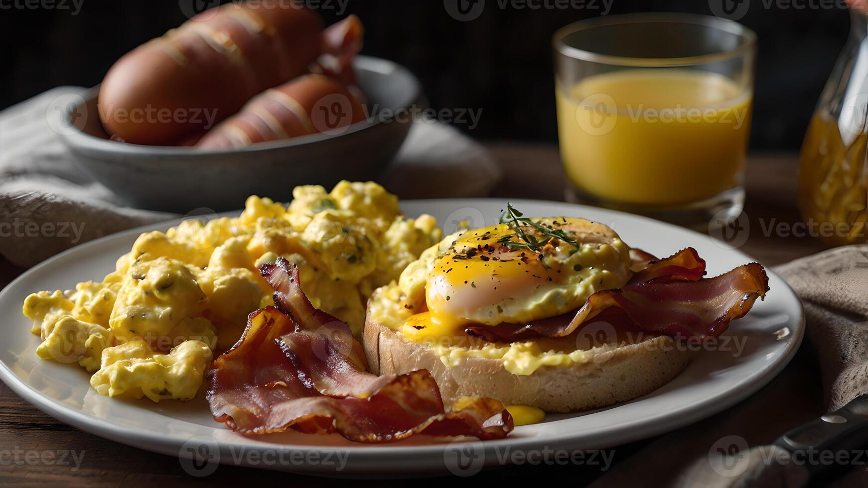 Delicious Breakfast with Scrambled Eggs, Bacon and Toast photo