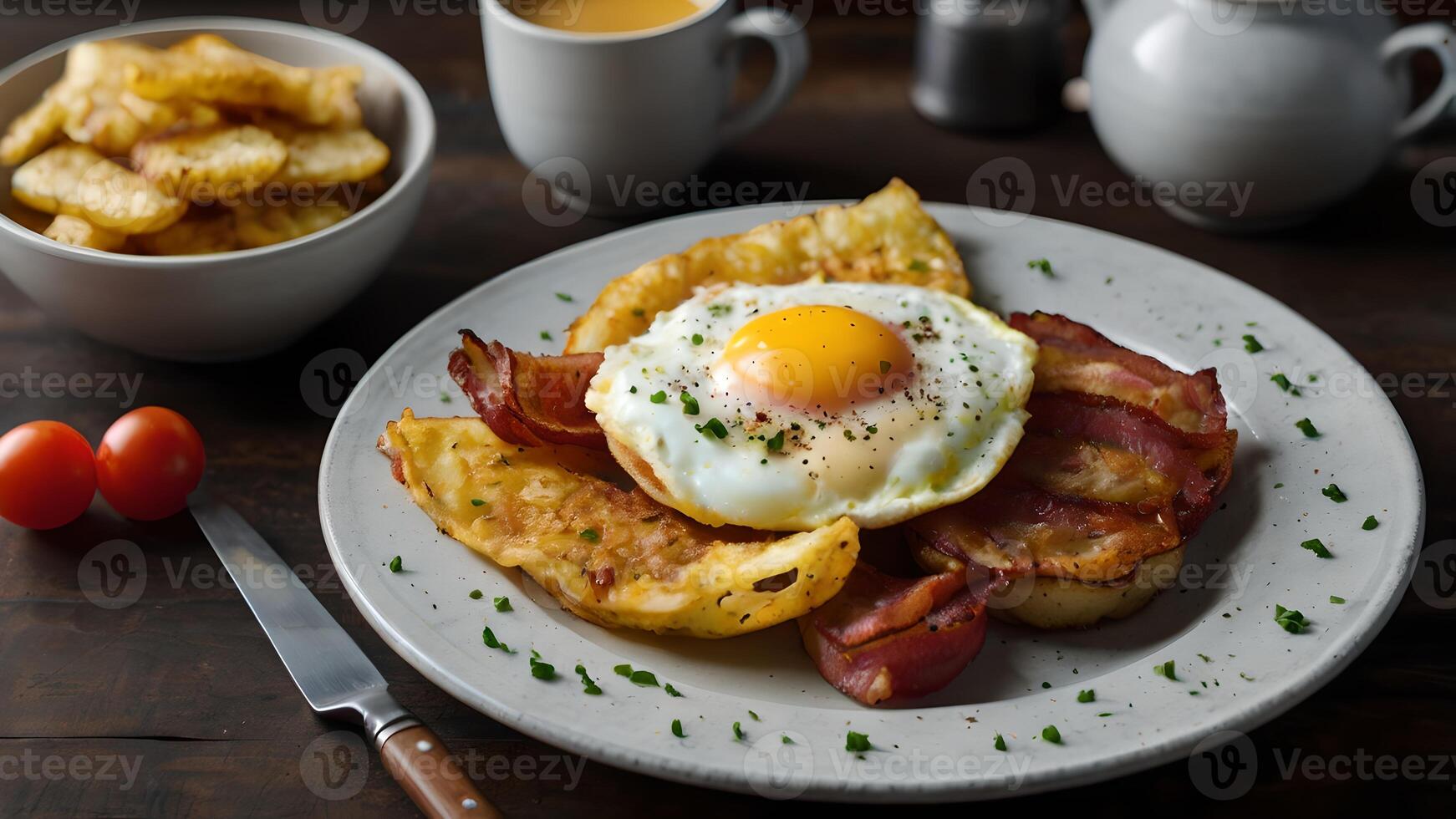 Delicious Breakfast with Fried Egg, Crispy Bacon and Hash Browns on a Plate photo