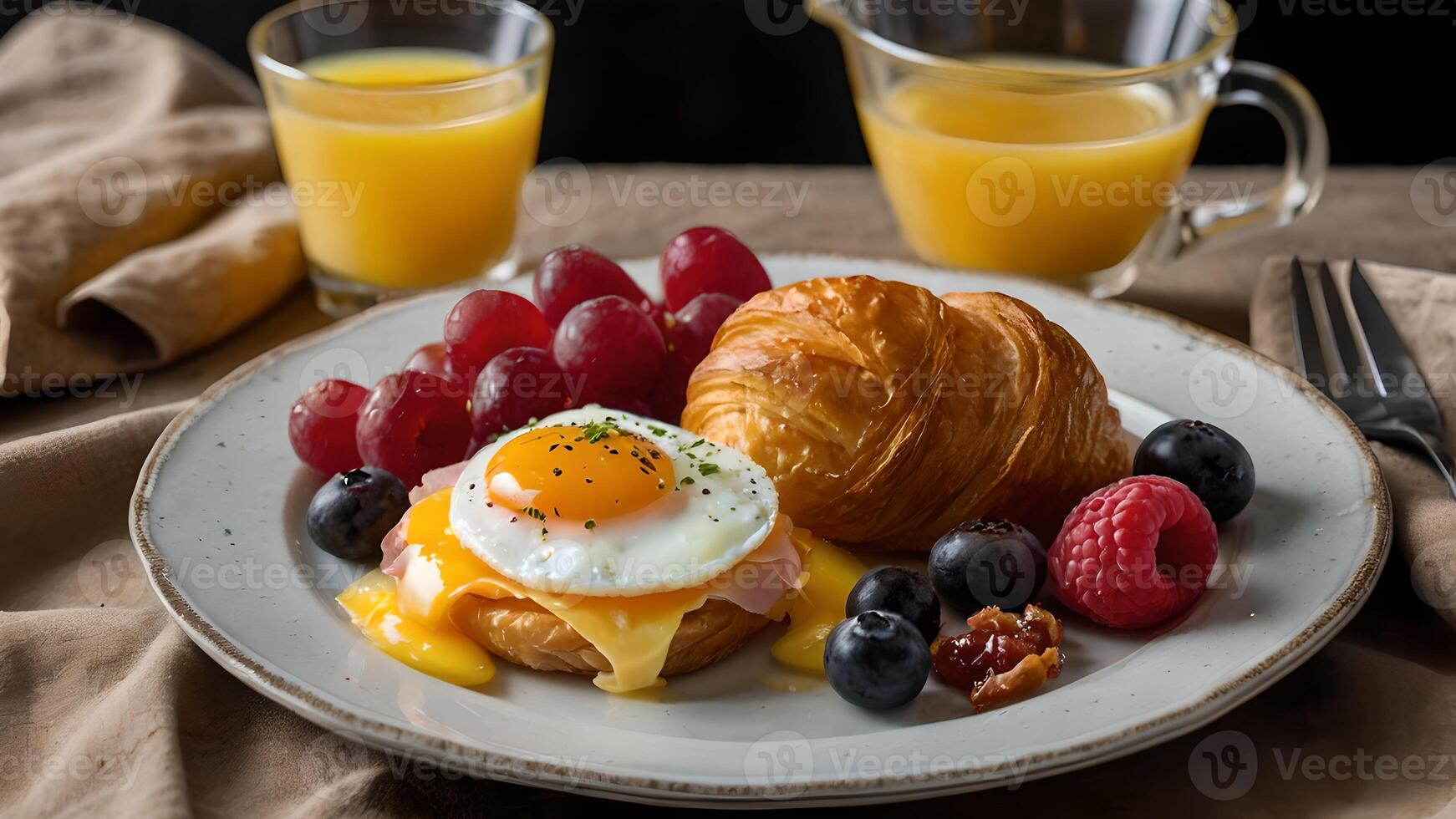 Delicious Continental Breakfast with Croissant, Ham, Cheese, Egg, Jam and Fresh Fruit photo