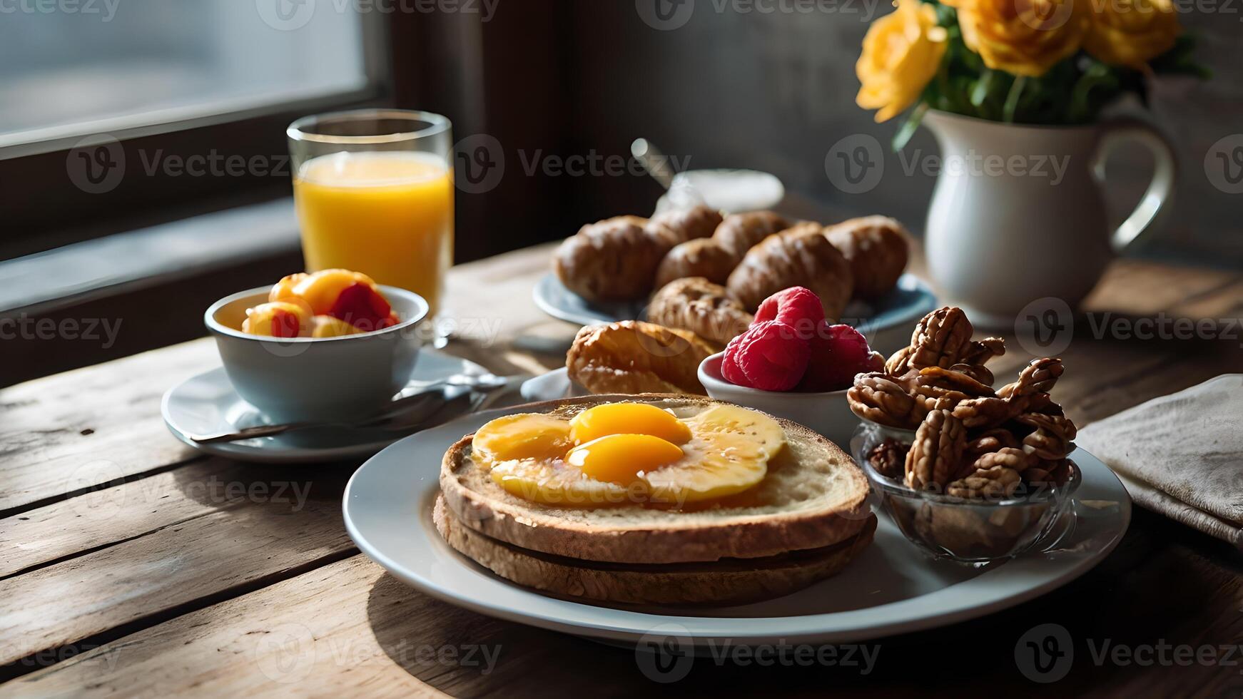Delicious Continental Breakfast Spread with Fresh Fruit, Pastries and Toasted Bread photo