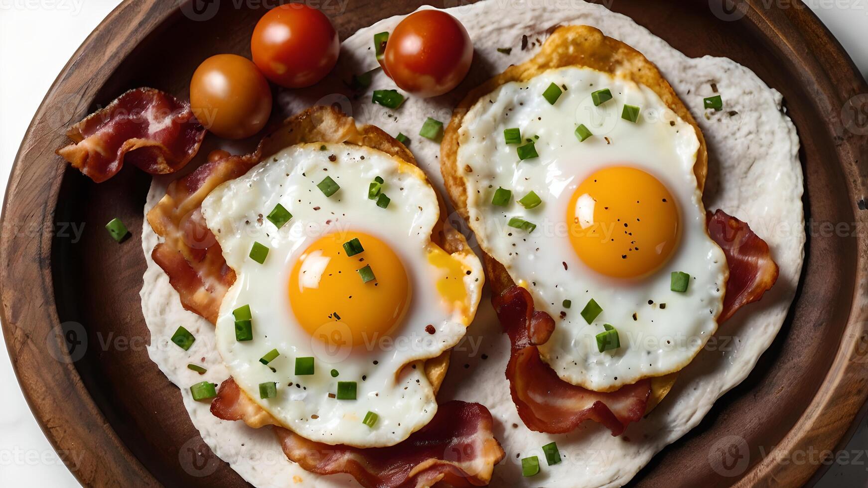Delicious Fried Eggs with Crispy Bacon for Breakfast photo