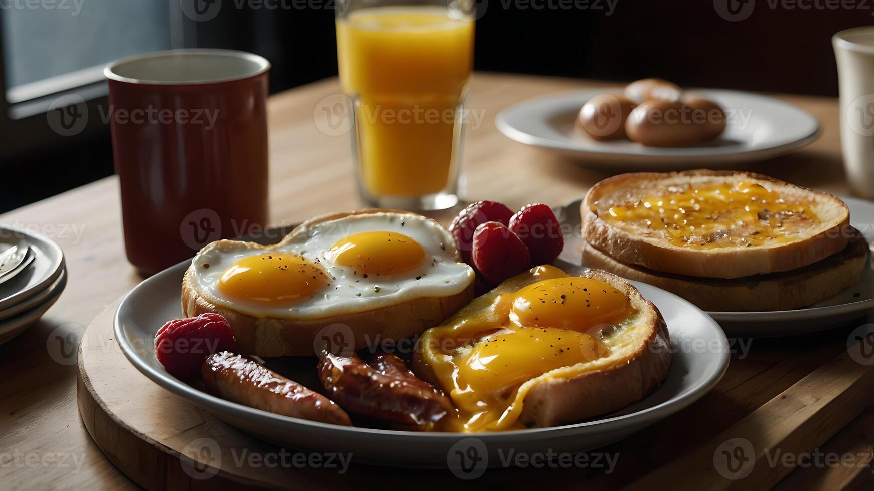 Delicious American Breakfast with Eggs, Toast, and Fruit photo