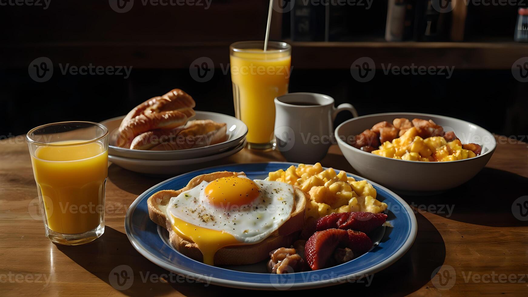 Delicious American Breakfast with Eggs, Toast, and Fruit photo