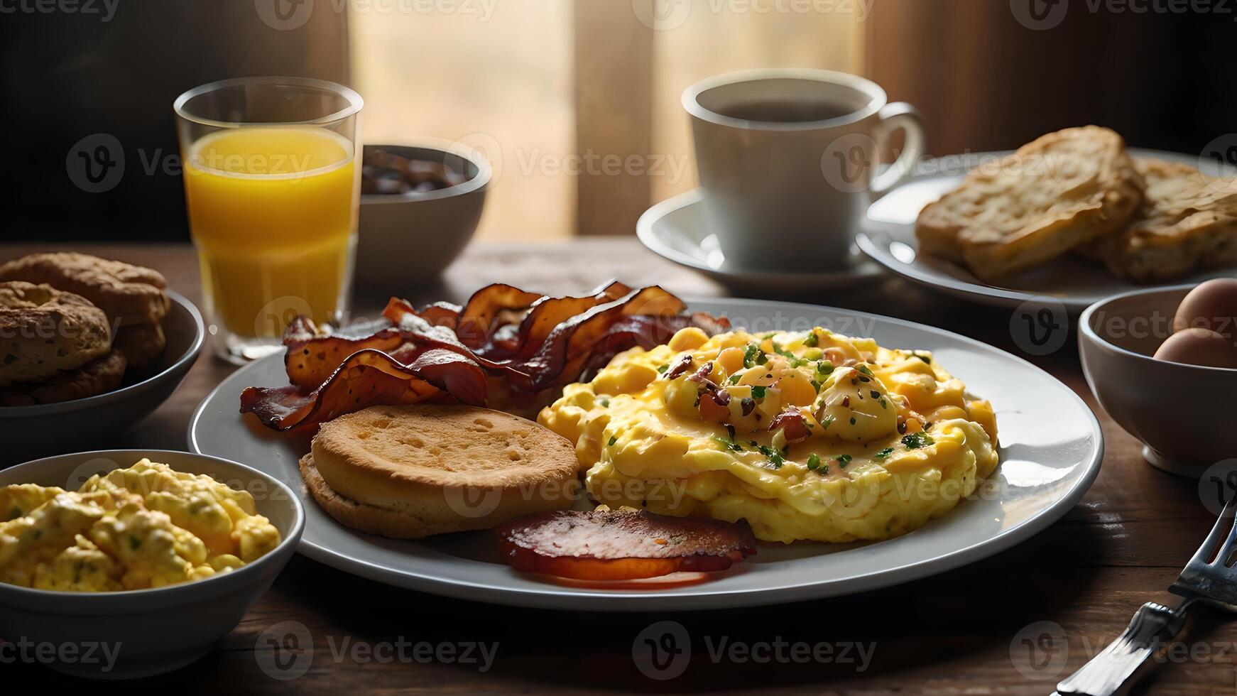 Scrumptious Breakfast Plate with Scrambled Eggs, Bacon, and Biscuits photo