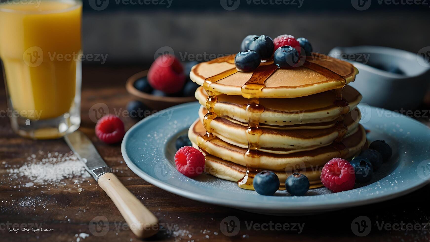 Delicious Stack of Pancakes with Berries and Syrup photo